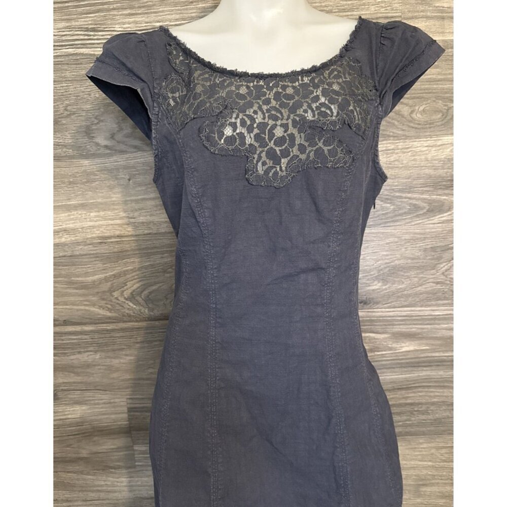 Free People Crew Neck Cap Sleeve 100% Cotton Navy Grey Mini Dress Size 6